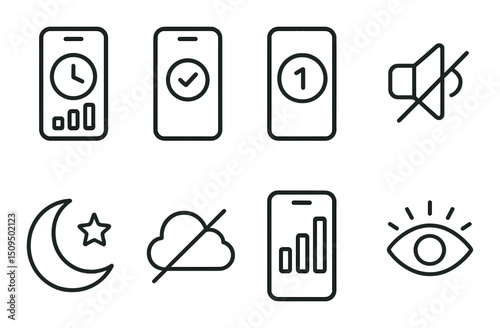 Digital habits outline icons set – linear, tech lifestyle and routine symbols