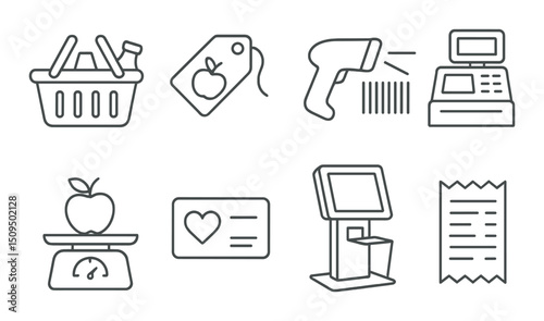 Grocery shopping linear icons set – outline, supermarket and retail symbols