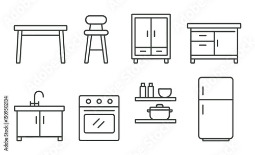 Kitchen and dining linear icons set – outline, cooking and meal preparation symbols