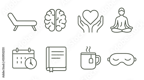 Mental health outline icons set – simple, wellness and therapy symbol collection