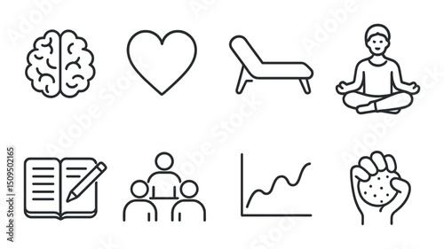 Mental health outline icons set – wellness, therapy, mindfulness symbols collection
