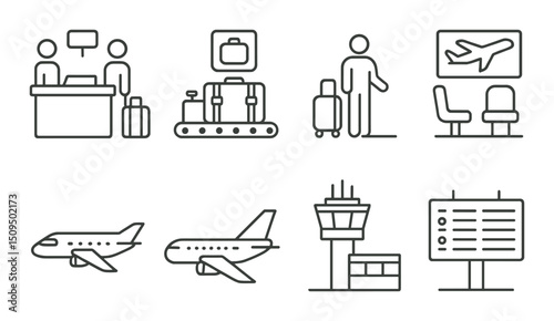 Airport services line icons set – travel, aviation and transportation symbols