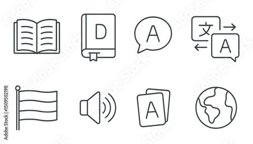 Language learning linear icons set – outline, education and multilingual symbols