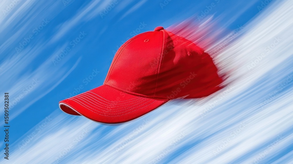Red baseball cap soaring through a vibrant sky