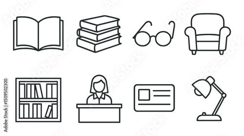 Library and reading linear icons set – outline, book and study symbol collection