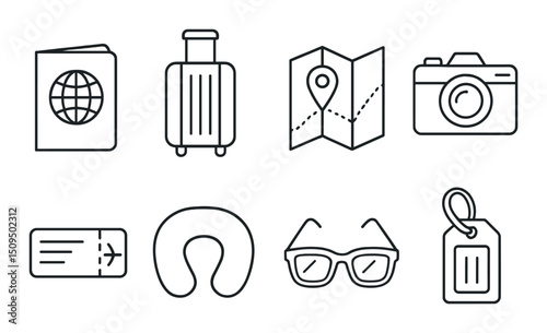 Travel essentials line icons set – outline, journey, adventure symbols