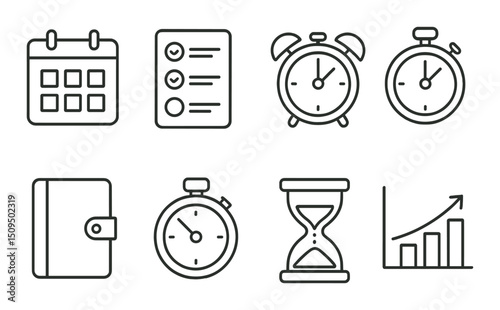 Time management linear icons set – schedule, planning and productivity symbols in outline