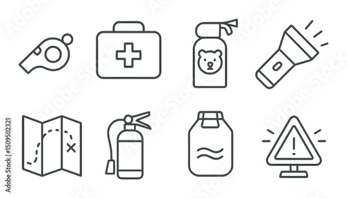 Camping essentials outline icons set – adventure, hiking, and outdoor gear symbols