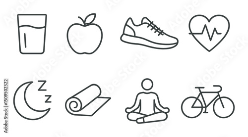 Healthy habits outline icons set – wellness, lifestyle, fitness symbols