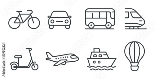 Transportation line icons set – outline, travel, and vehicle symbols for easy navigation