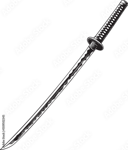 solitary Japanese sword rests vertically on a white background.