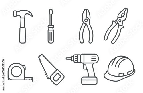 Diy tools linear icons set – outline, construction and repair tool symbols