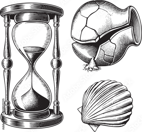 detailed hourglass and shattered represent the passage of time and fragility.