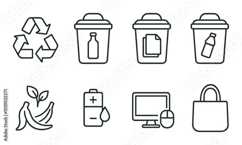 Recycling and waste outline icons set – silhouette, eco-friendly and sustainability symbols