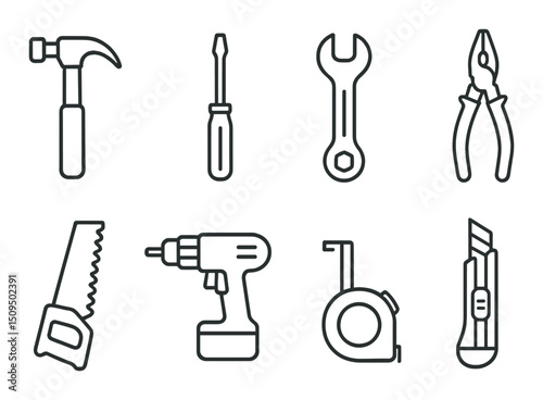 Hand tools linear icons set – outline, carpentry and hardware symbols