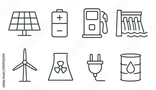 Energy source silhouette icons set – renewable, alternative, sustainable power symbols