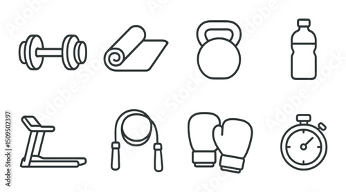Fitness and exercise linear icons set – outline, workout and gym activity symbols