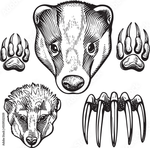 detailed black and white showcases a badger's head and paws.