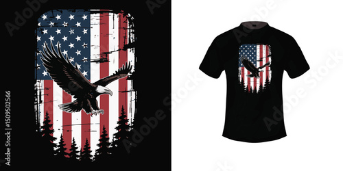 Patriotic Bald Eagle with American Flag and Forest Silhouette - Vintage T-Shirt Vector Design