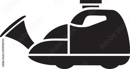 vintage iron rests on a gray ironing board.