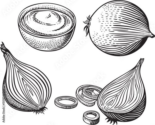 black and white displays a bowl of onion puree a whole bulb and sliced onions.