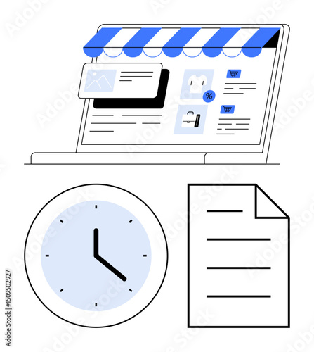 Laptop with digital storefront, clock highlighting time management, and paper document. Ideal for e-commerce, productivity, planning, deadlines, workflow time tracking efficiency. Flat simple