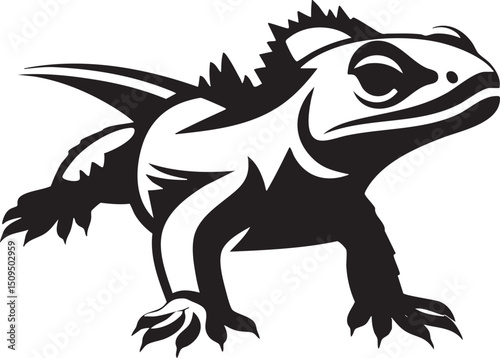 stylized black and white of a lizard stands alert.