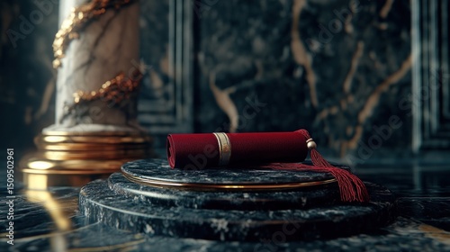 Crimson scroll on a marble pedestal