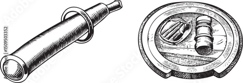 metallic tool with a cylindrical shape rests on a circular platform.