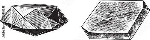 Two angular geometric shapes stand side-by-side on a white background.