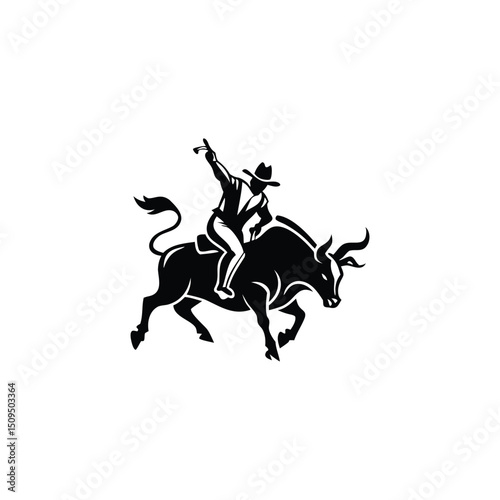 Rodeo Bull Logo. Dynamic Kicking Bull with Cowboy, Rustic and Strong Design