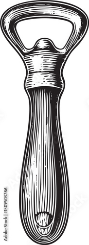 vintage ornate bottle opener stands upright against a white background.