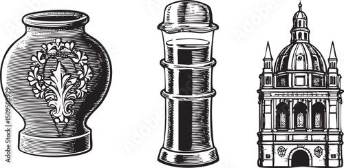 decorative ceramic vase a cylindrical lighthouse and a building with a dome are depicted in black and white.