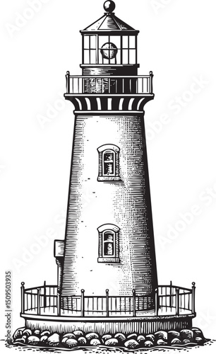 tall black and white lighthouse stands on a rocky shoreline.