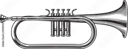 detailed black and white of a gleaming brass trumpet.