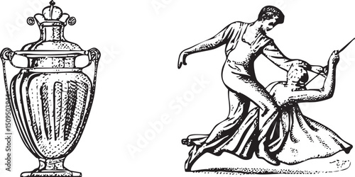 classical urn rests beside a figure playing a stringed instrument.
