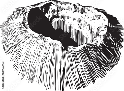 detailed black and white depicts a volcanic crater with textured walls.