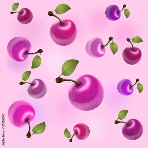 Осseamless tile pattern with berries pink glossy cherries
on a pink background
