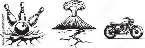 bowling ball plunges into the earth amidst a volcanic eruption and a motorcycle travels across a fissure.