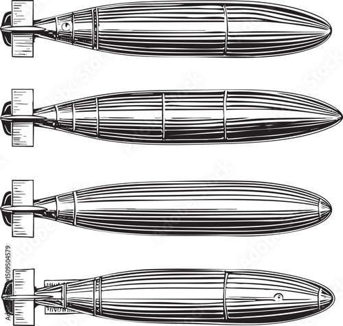 Four monochrome illustrations depict a streamlined airship from multiple angles.