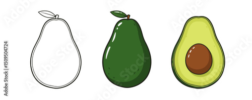 Three stylized illustrations of an avocado: first, a simple outline; second, a full, dark green avocado with a short stem; and third, a bright green avocado cut in half