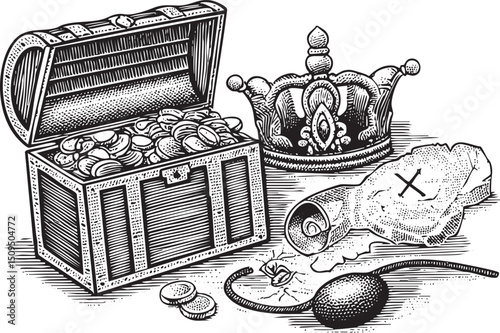 weathered wooden chest overflows with golden coins accompanied by a regal crown and an ancient scroll.
