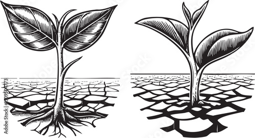 Two seedlings emerge from dark tangled roots beneath the soil.