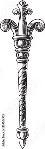 detailed black and white depicts a decorative architectural flourish.