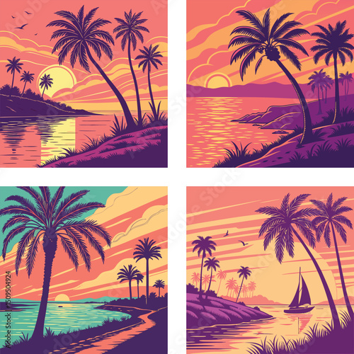 A sunset reflecting on water with neon palm tree shadows.