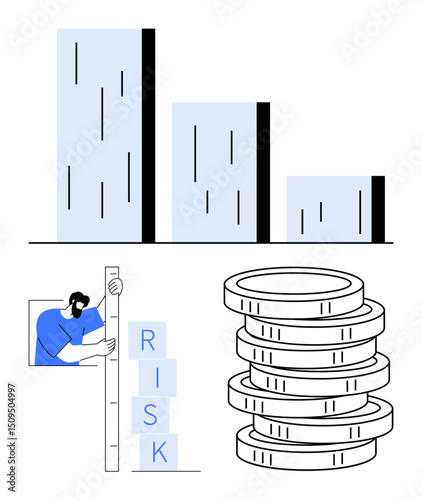 Bar chart, figure measuring risk, and coin stacks symbolize financial growth, risk management, and monetary strategy. Ideal for finance, investment, data analysis, economics success savings simple