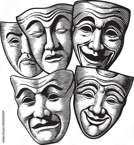 Four theatrical masks depict a range of emotions.