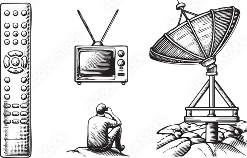 man sits pensively before a television and satellite dish.