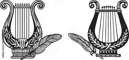 Two antique lyres are adorned with feathers symbolizing musical artistry.