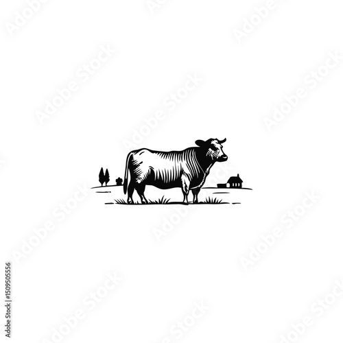 Black Angus Sketched Logo. High Detail Hand-Drawn Angus Cattle Illustration